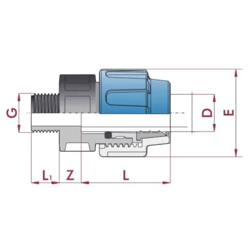 PE Rohr Verschraubung, Kupplung 20mm, 1 Zoll AG, Klemmverschraubung