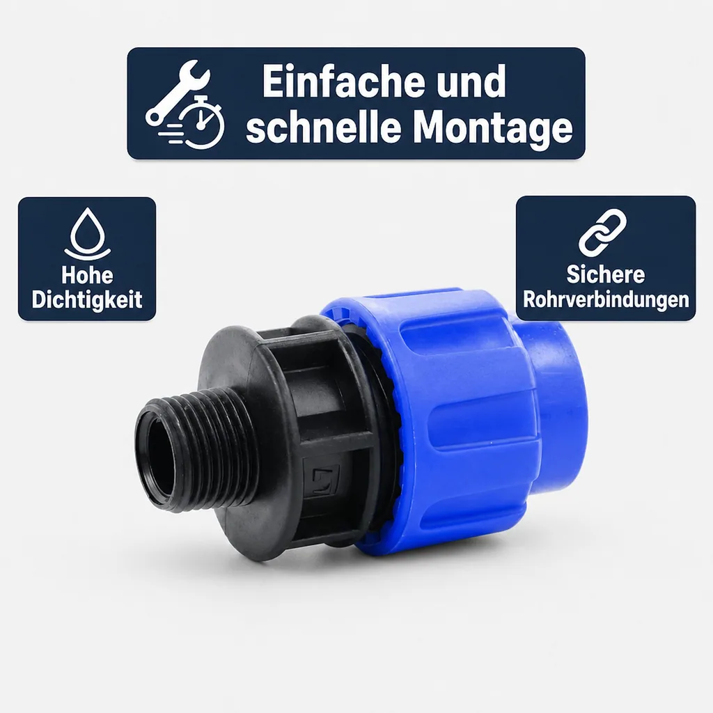 PE Rohr Verschraubung, Kupplung 20mm, 1 Zoll AG, Klemmverschraubung