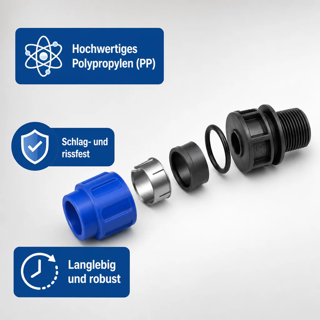 PE Rohr Verschraubung, Kupplung 20mm, 1 Zoll AG, Klemmverschraubung