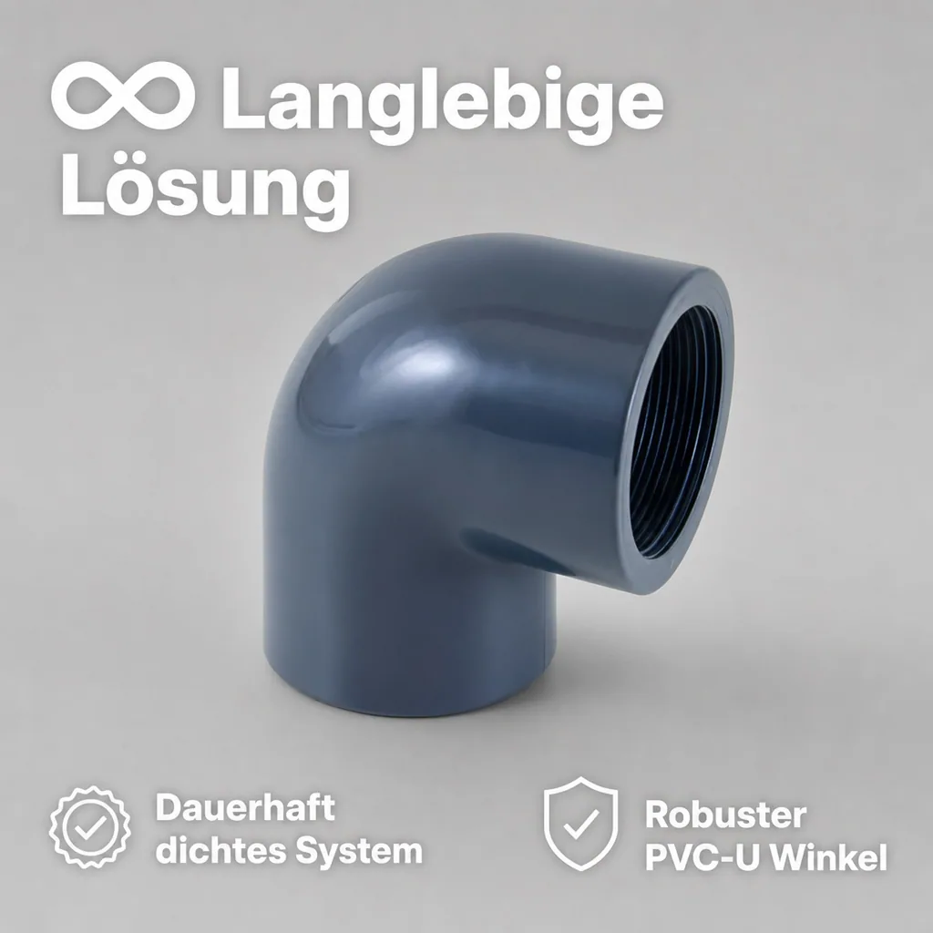 PVC Winkel 50mm, 90 Grad, Muffe, Innengewinde, PN10