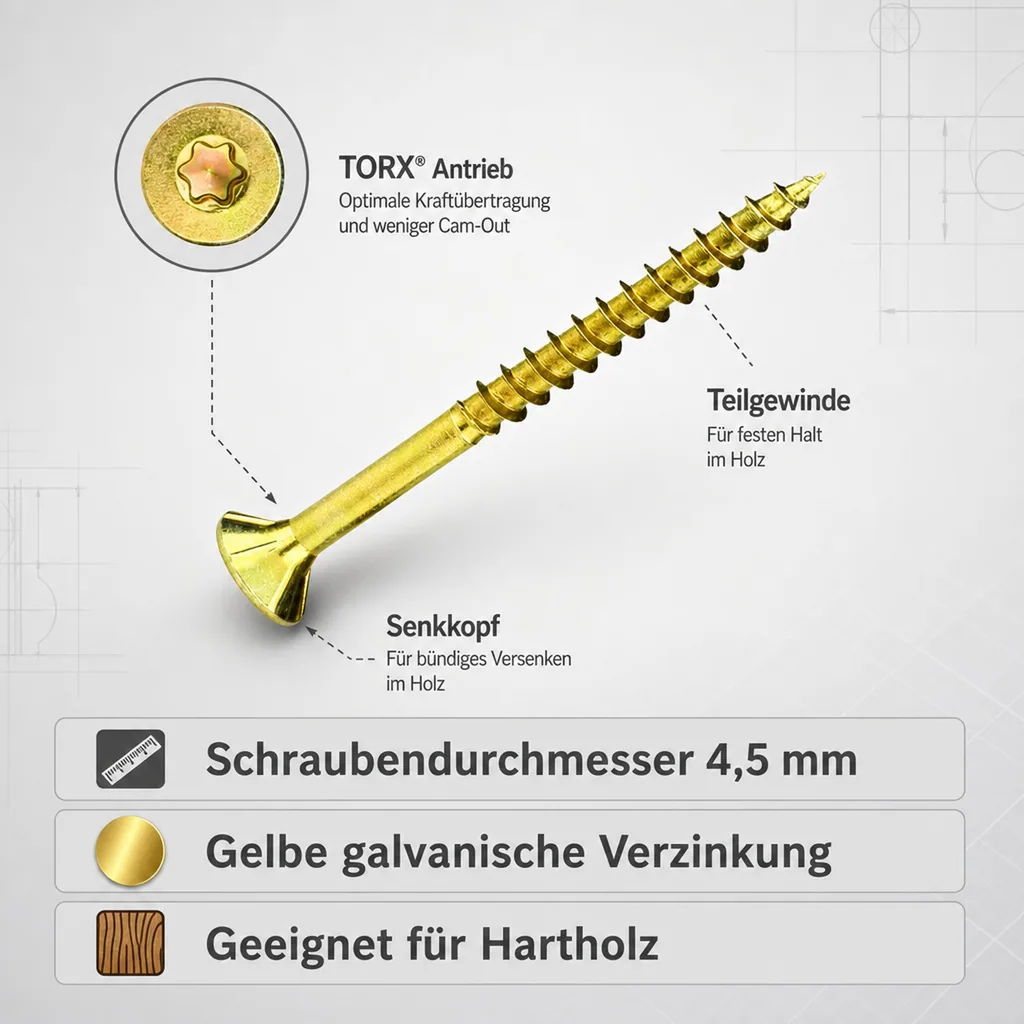 Spanplattenschrauben 4,5x70, 200 Stück, Senkkopf, Teilgewinde