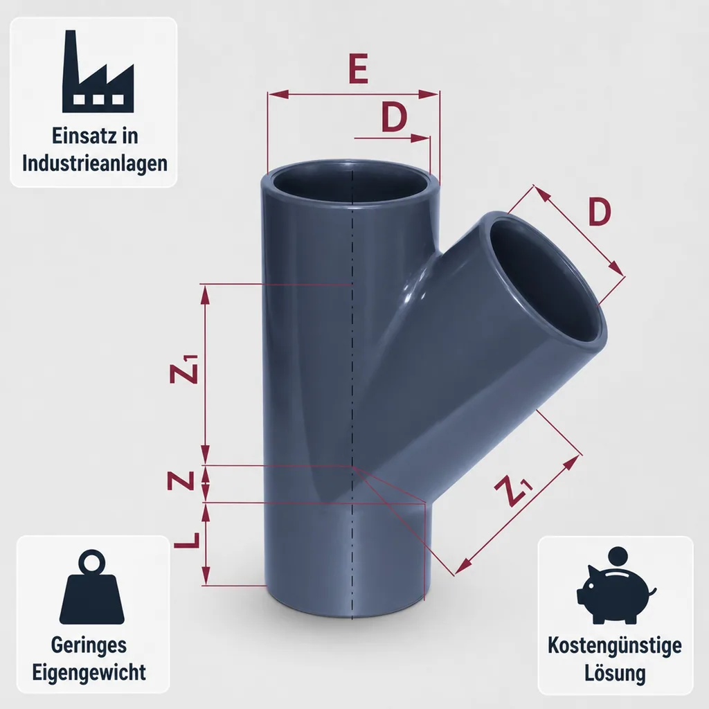 PVC Fittings, 45° T-Stück Muffe 25mm, PVC Klebefittings
