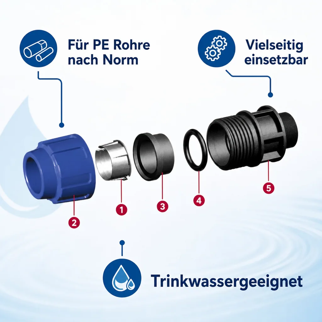PE Rohr Verschraubung 40mm, Kupplung 1 1/4" IG, Trinkwasser