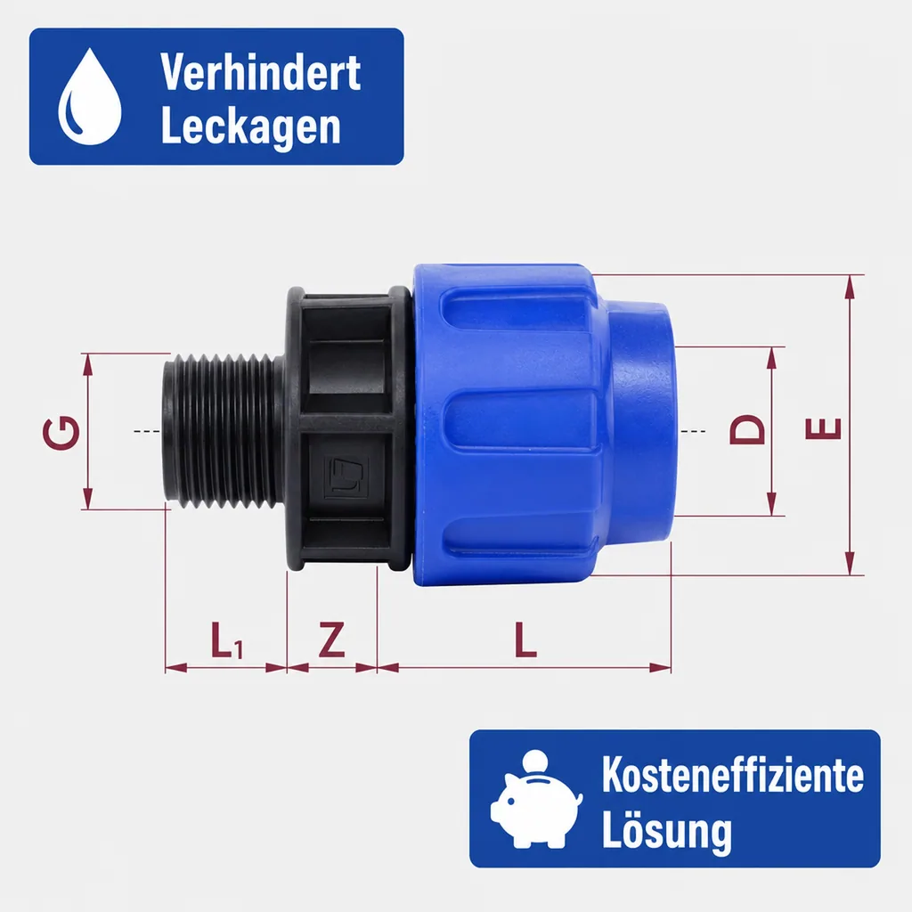 PE Rohr Verschraubung, PE Verschraubung 25mm, 25 x 3/4" AG, Kupplung, Klemmfitting
