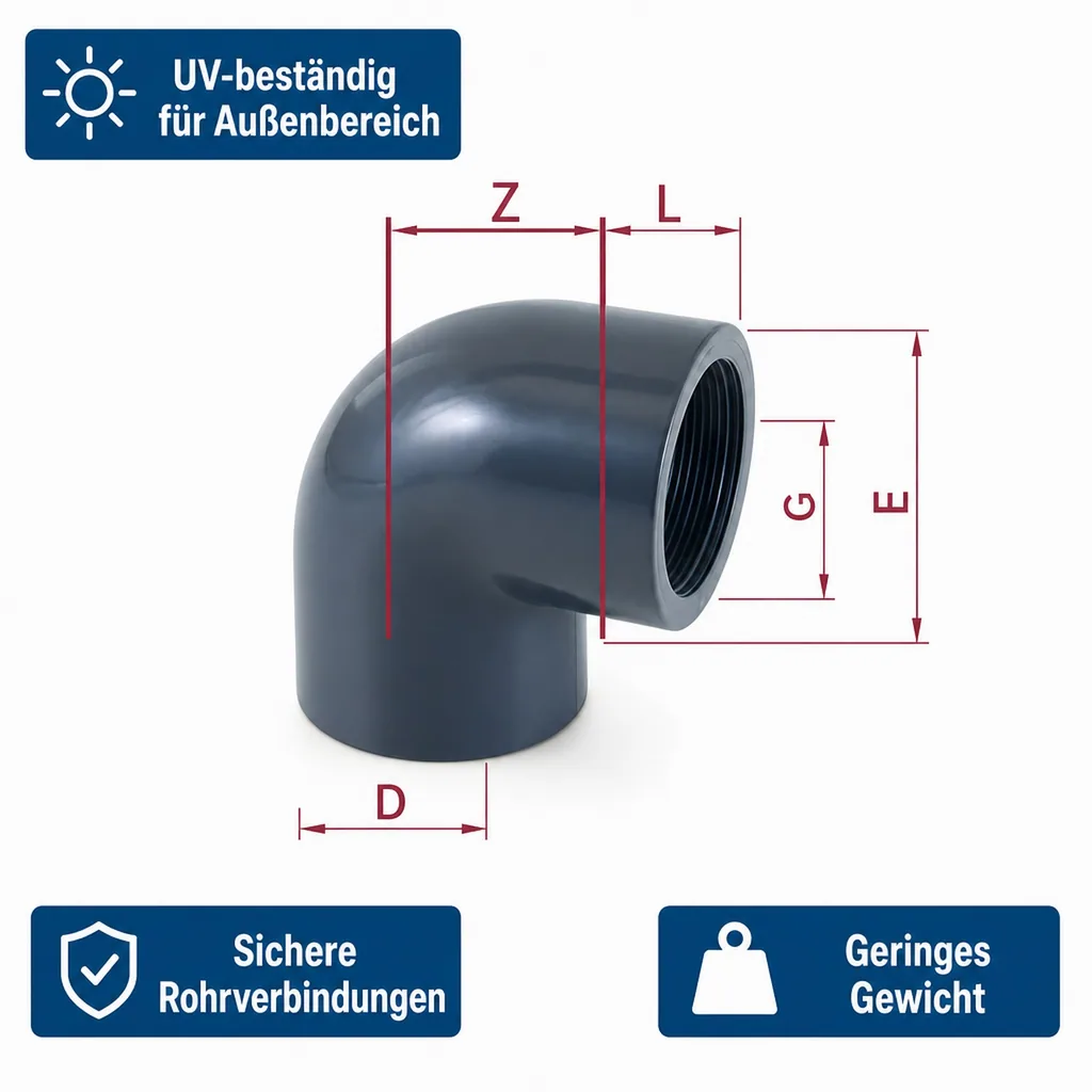 PVC Winkel 1 Zoll, 90 Grad, PVC-U, Winkel 32mm, Muffe, Rohrverbinder PVC