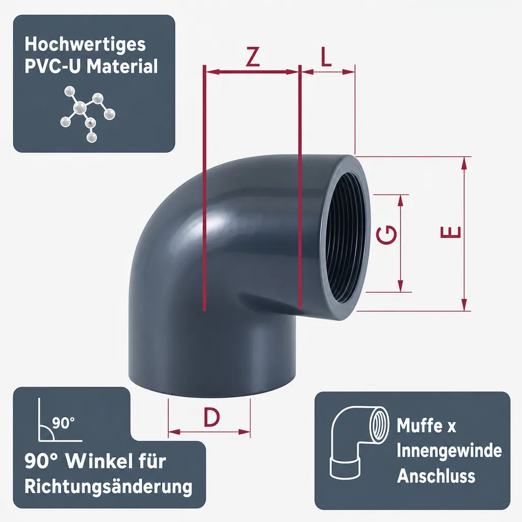 PVC Winkel 1 Zoll, 90 Grad, PVC-U, Winkel 32mm, Muffe, Rohrverbinder PVC