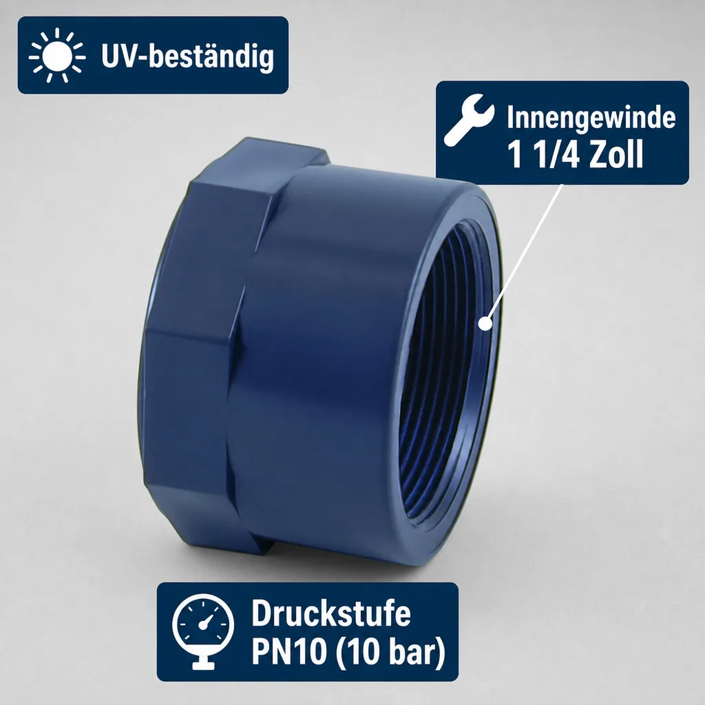 PVC U Kappe, 1 1/4 Zoll Innengewinde, PN10