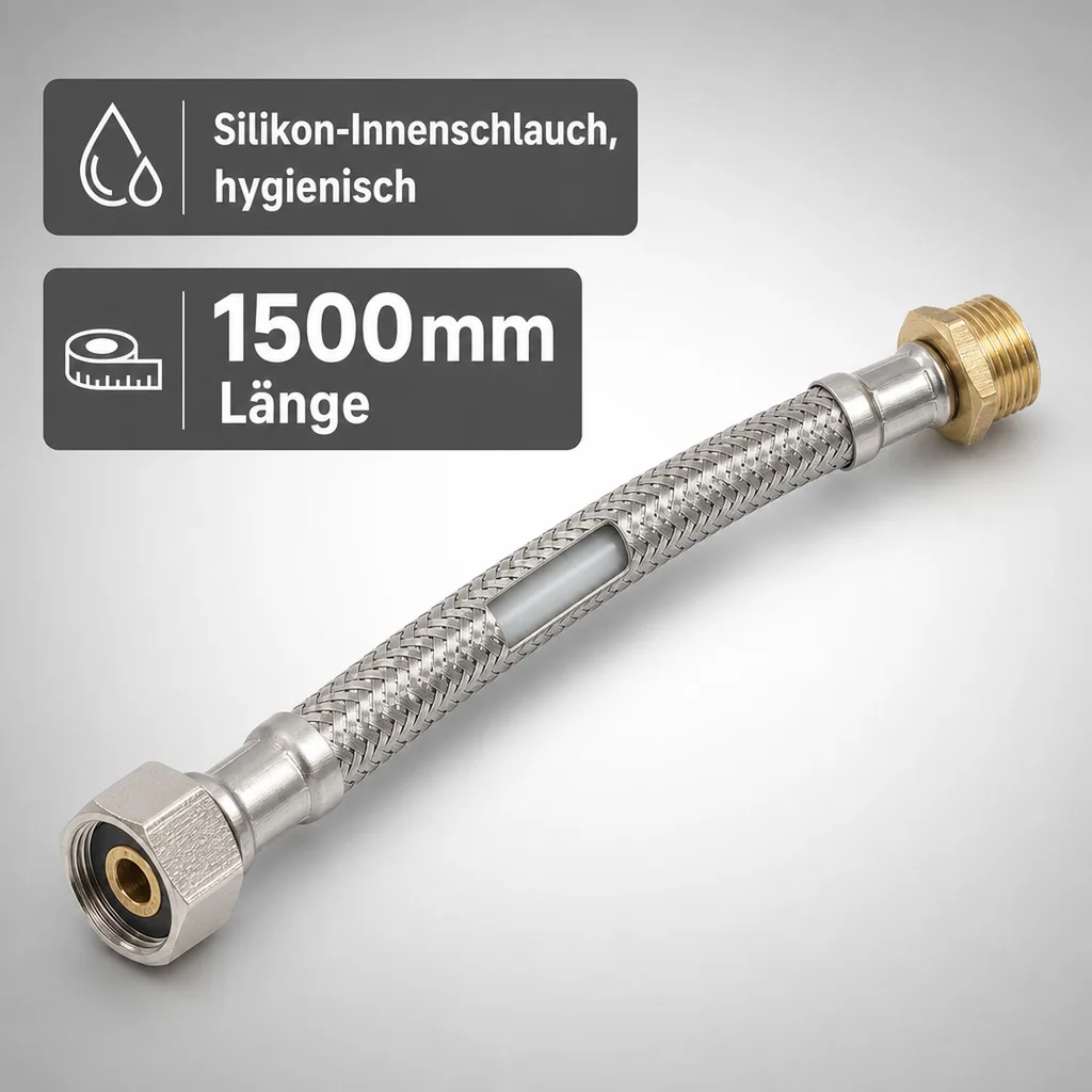Panzerschlauch, Edelstahl, Flexschlauch, 1/2" AG x 3/8" ÜM, 1500mm, DN8, DVGW