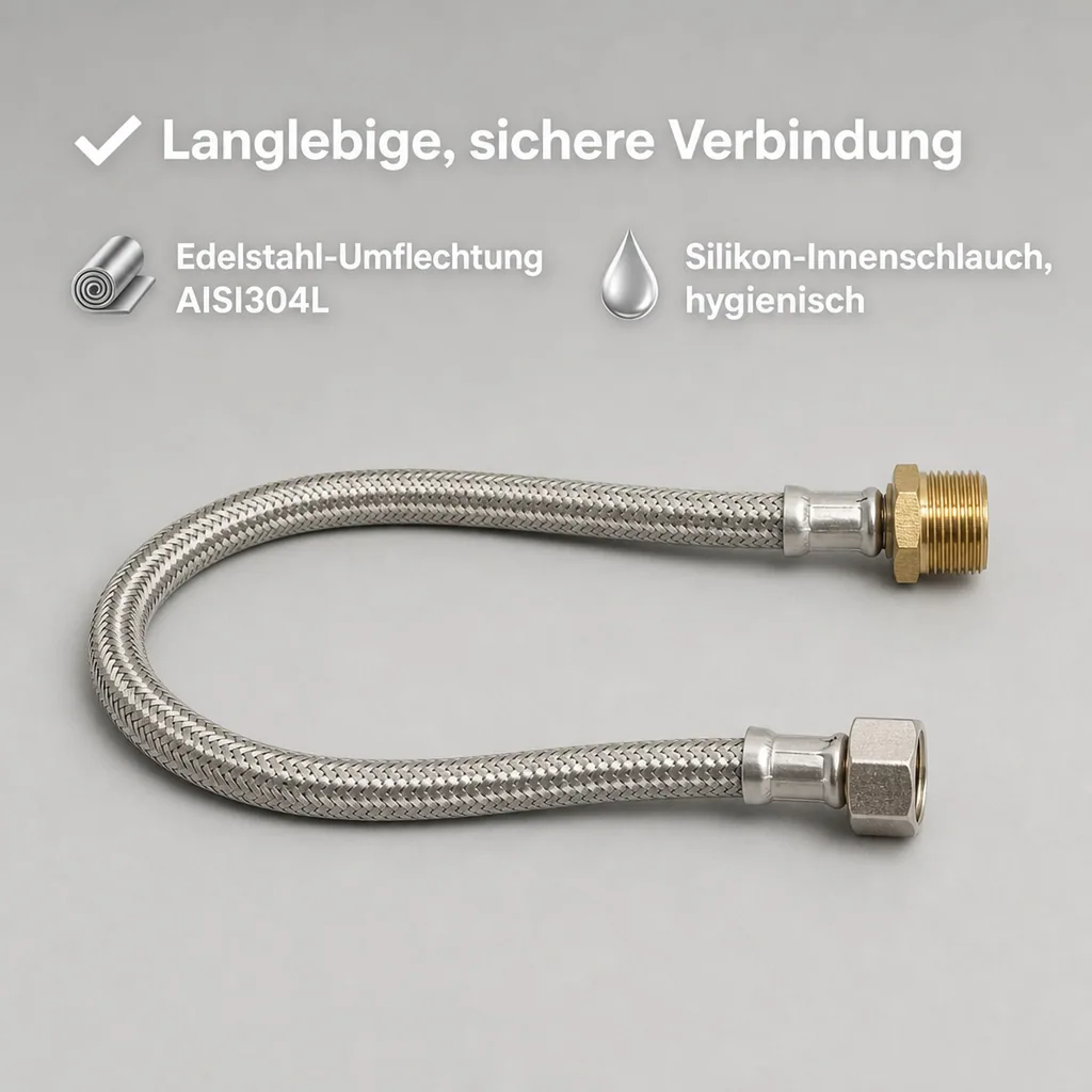 Panzerschlauch, Edelstahl, Flexschlauch, 1/2" AG x 3/8" ÜM, 1500mm, DN8, DVGW