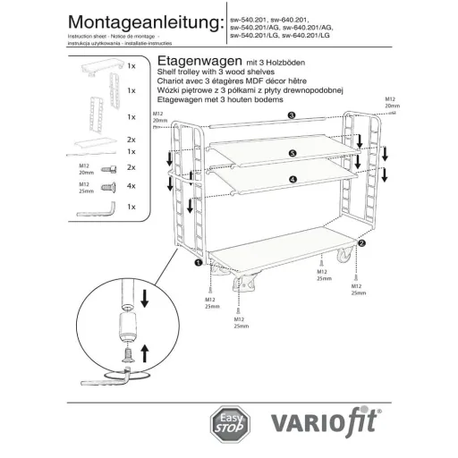Etagenwagen mit 3 Böden 250 kg Typ M + EasySTOP