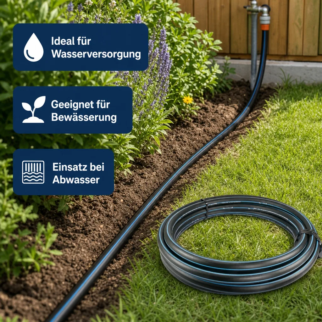Wasserrohr, Druckrohr PE80 - 20 mm x 2,0 mm, Glatt SDR 11, 12,5bar, Schwarz/Blau 1m, DVGW type D=0,60m