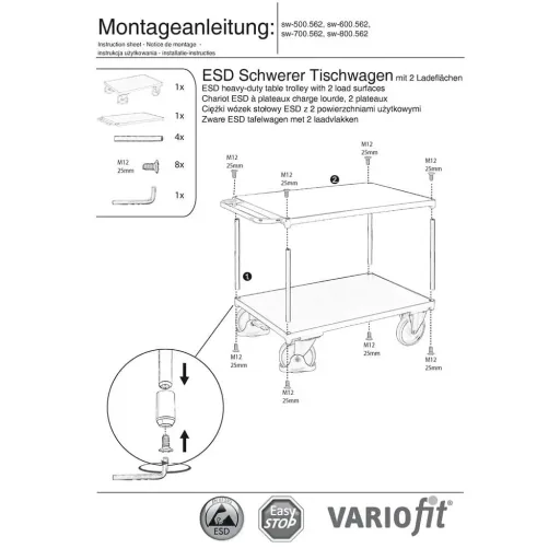 Schwerer ESD Tischwagen mit 2 Ladeflächen Typ L + EasySTOP