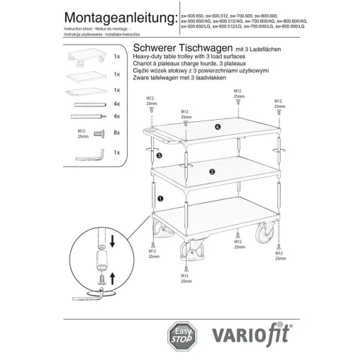 Tischwagen 500 kg, Schwerlast, 3 Ladeflächen, Typ XL, EasySTOP