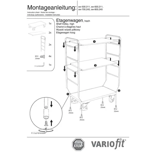 Werkstattwagen, Etagenwagen, 3 Böden, 250 kg Traglast, hoch, mit EasySTOP