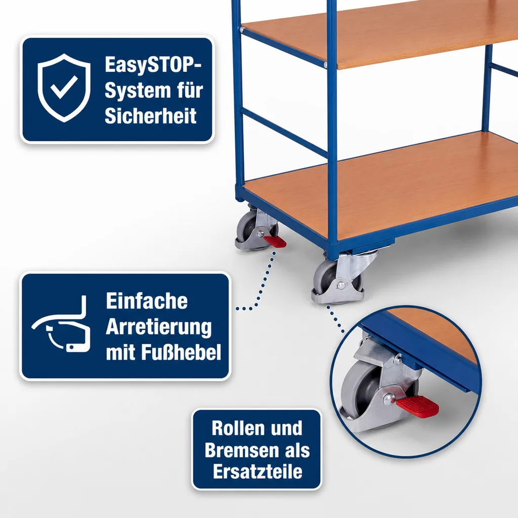 Werkstattwagen, Etagenwagen, 3 Böden, 250 kg Traglast, hoch, mit EasySTOP