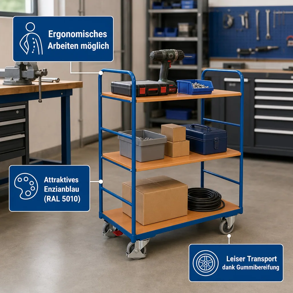 Werkstattwagen, Etagenwagen, 3 Böden, 250 kg Traglast, hoch, mit EasySTOP
