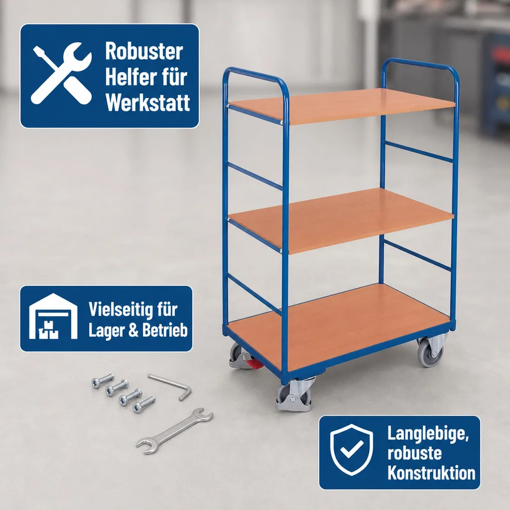Werkstattwagen, Etagenwagen, 3 Böden, 250 kg Traglast, hoch, mit EasySTOP