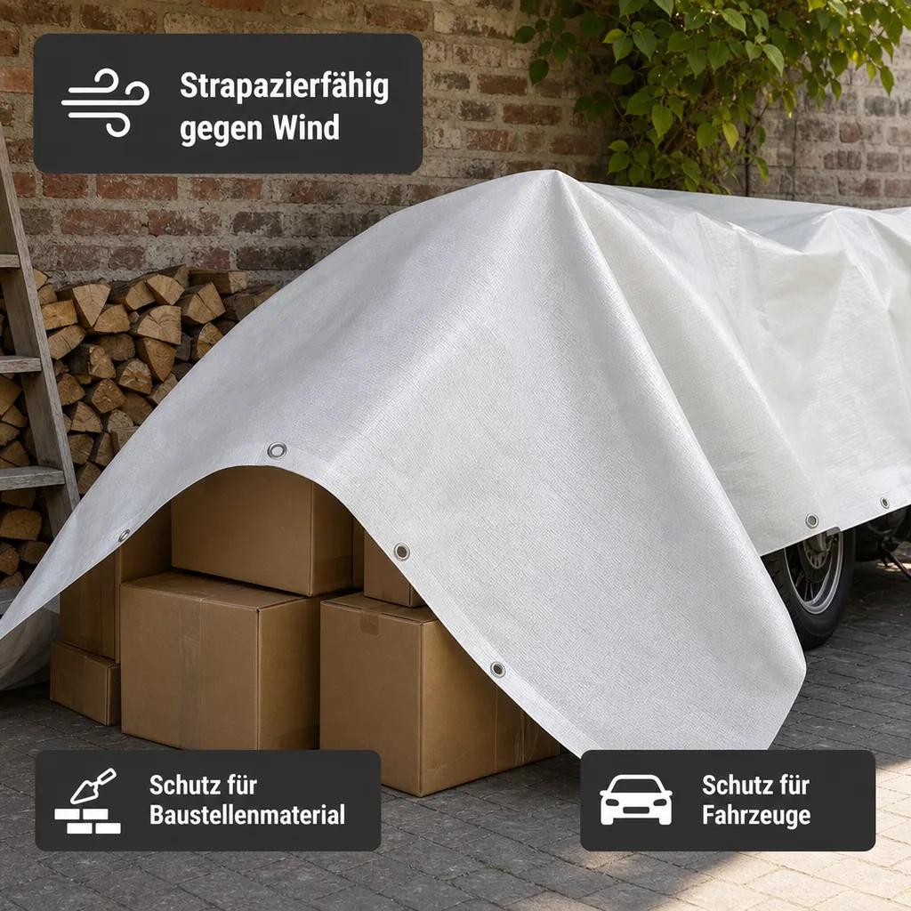 Abdeckplane 8x10m, 180g/m², (80m²), wasserdicht, UV-stabil, weiße Plane