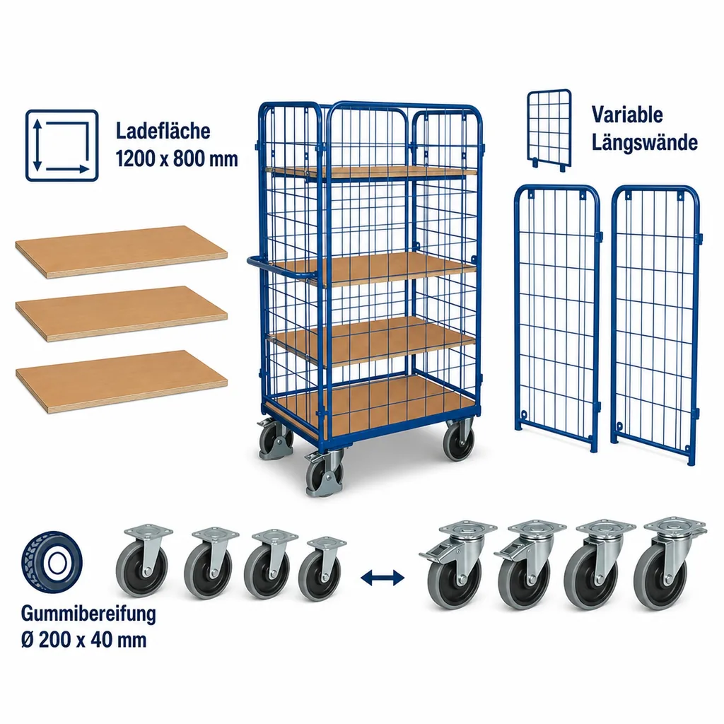 Vierwandwagen, hoch, 3 Böden, XL, EasySTOP