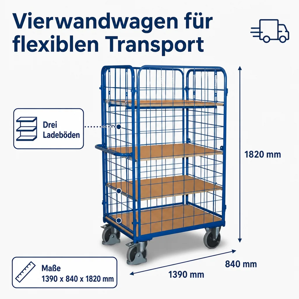 Vierwandwagen, hoch, 3 Böden, XL, EasySTOP