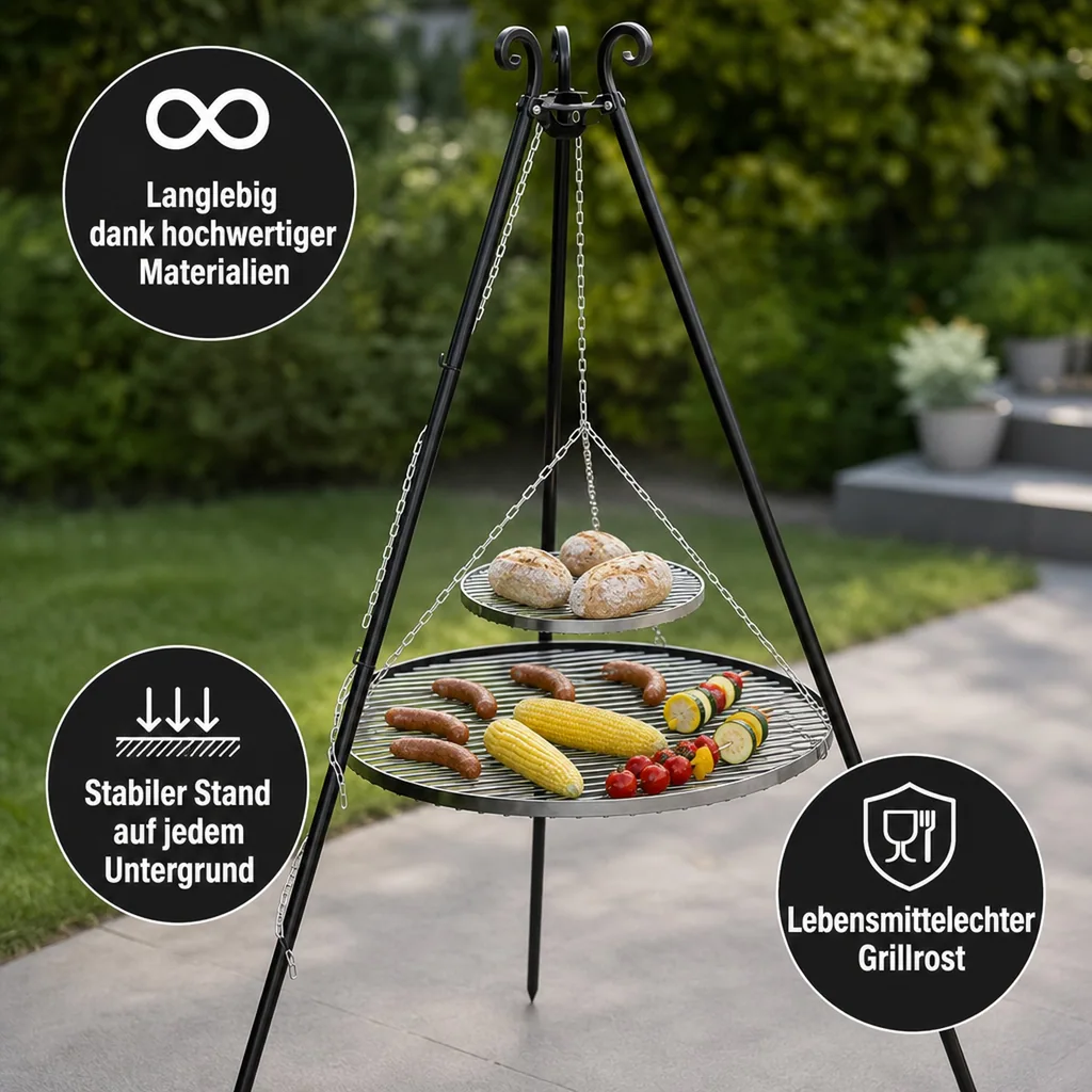 Schwenkgrill, Dreibein Grill, Edelstahl Grillrost, Schwenkgrill Set, 180cm