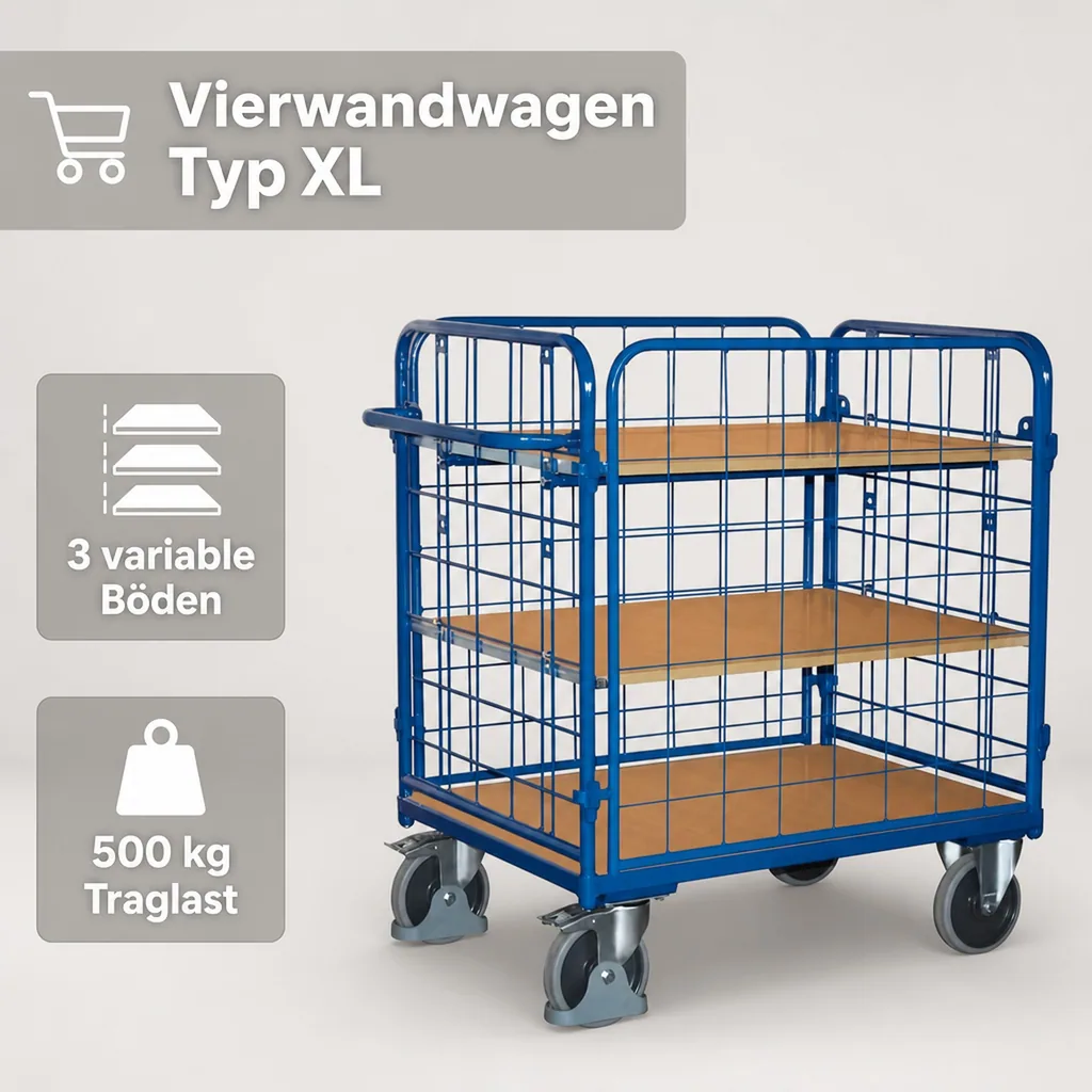 Vierwandwagen mit 3 Böden, XL, 500kg Traglast, EasySTOP