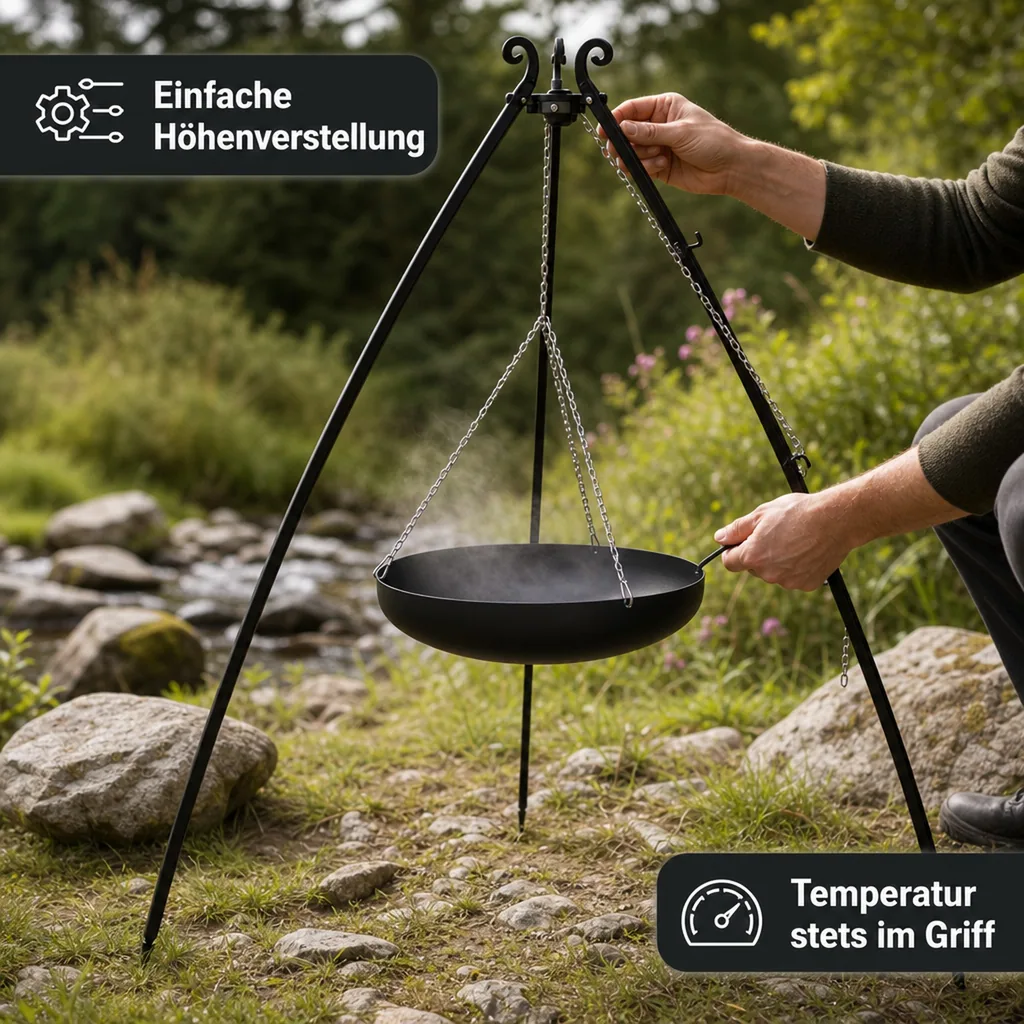 Dreibein Kochstelle, Feuerstelle mit Dreibein, Outdoor Wok 70 cm, Stahl Wok