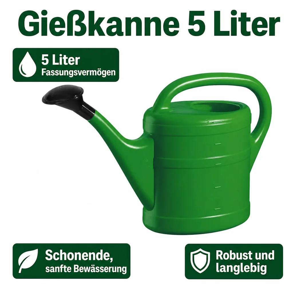 Gießkanne 5 Liter, Kunststoff, grün, mit Brause