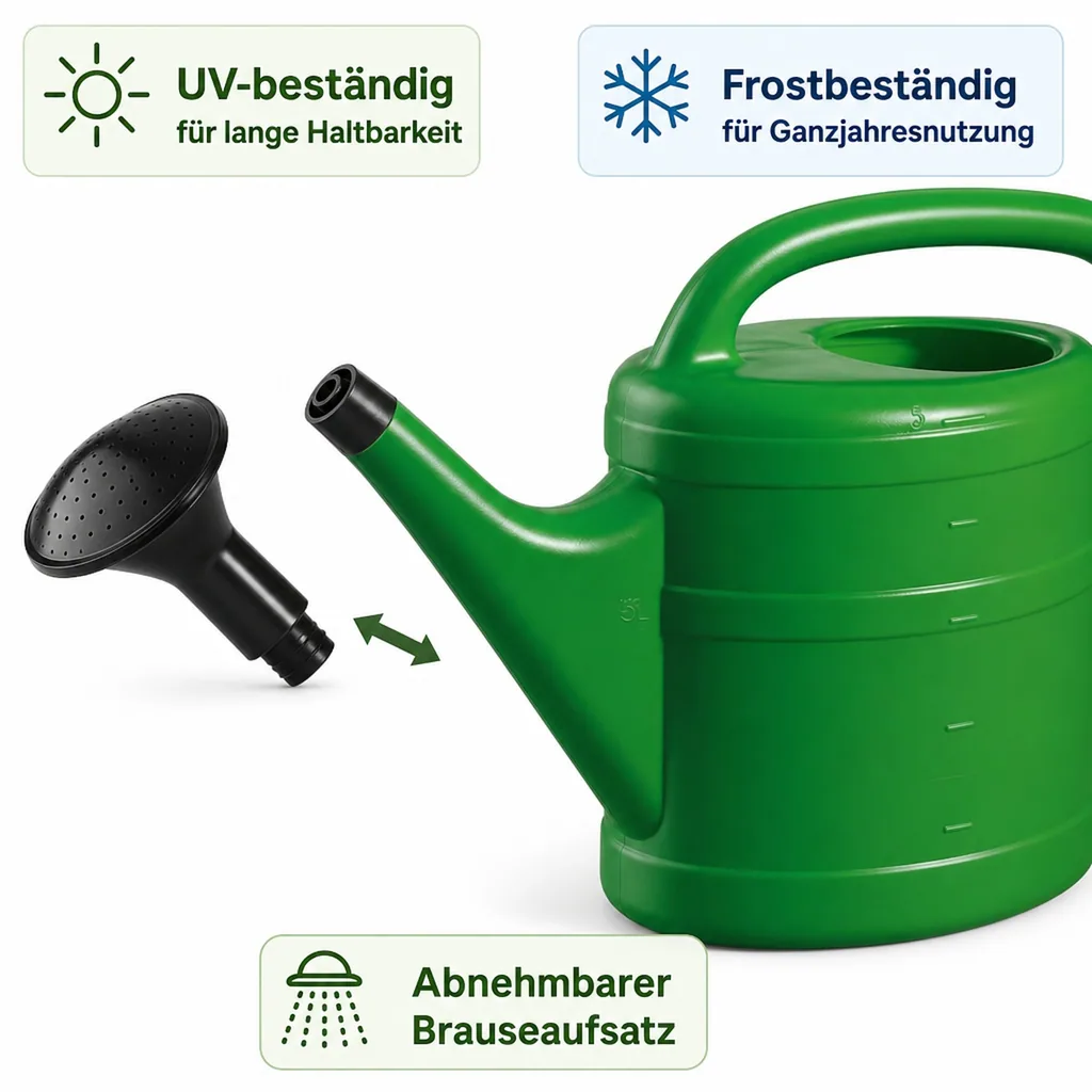 Gießkanne 5 Liter, Kunststoff, grün, mit Brause