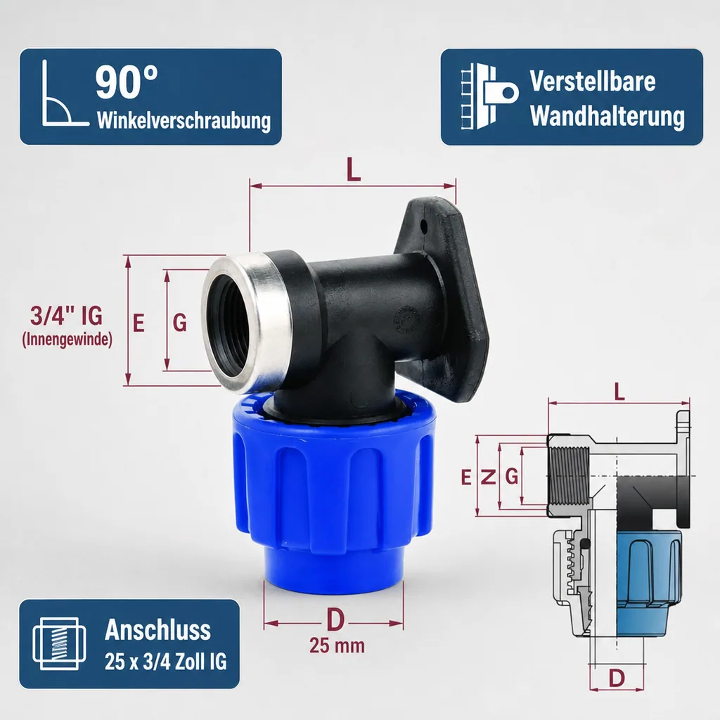 PP PE Rohr Verschraubung 90° verst.Wandhalterung 25 x 3/4" IG