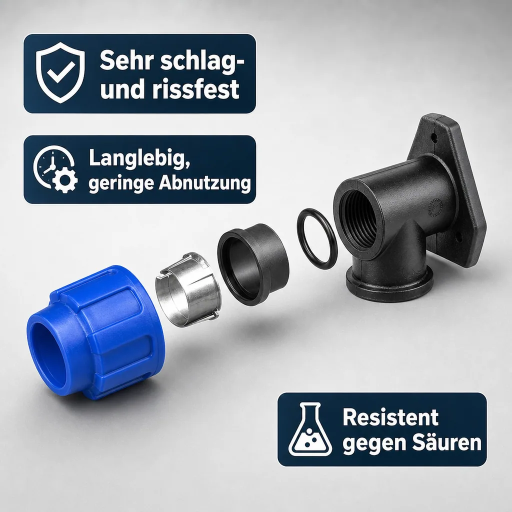 PP PE Rohr Verschraubung 90° verst.Wandhalterung 25 x 3/4" IG