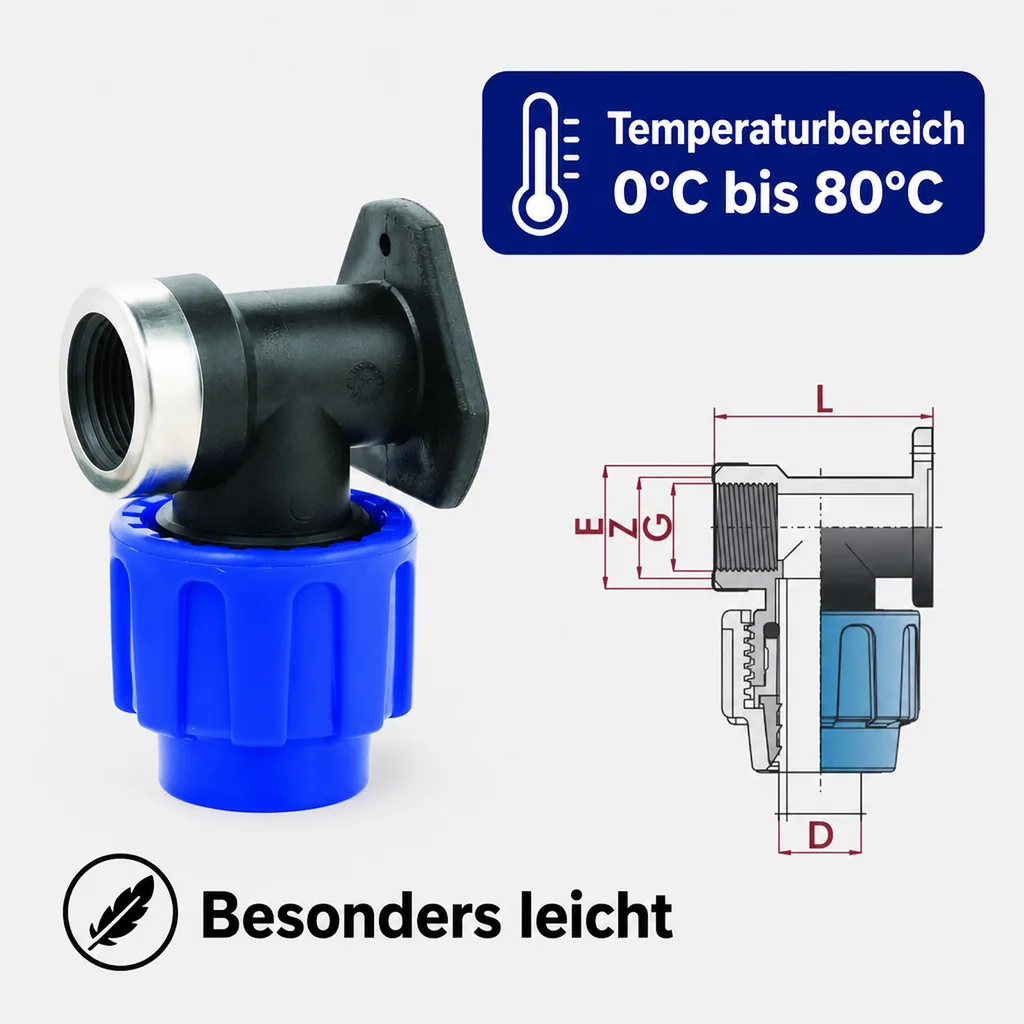 PP PE Rohr Verschraubung 90° verst.Wandhalterung 25 x 3/4" IG