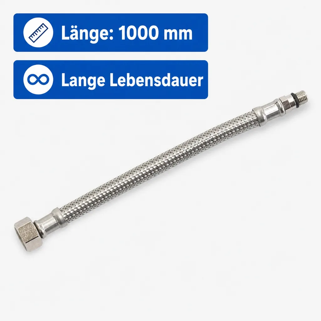 Panzerschlauch, Edelstahl, Flexschlauch, DN8, M10, 3/8", 1000 mm, DVGW