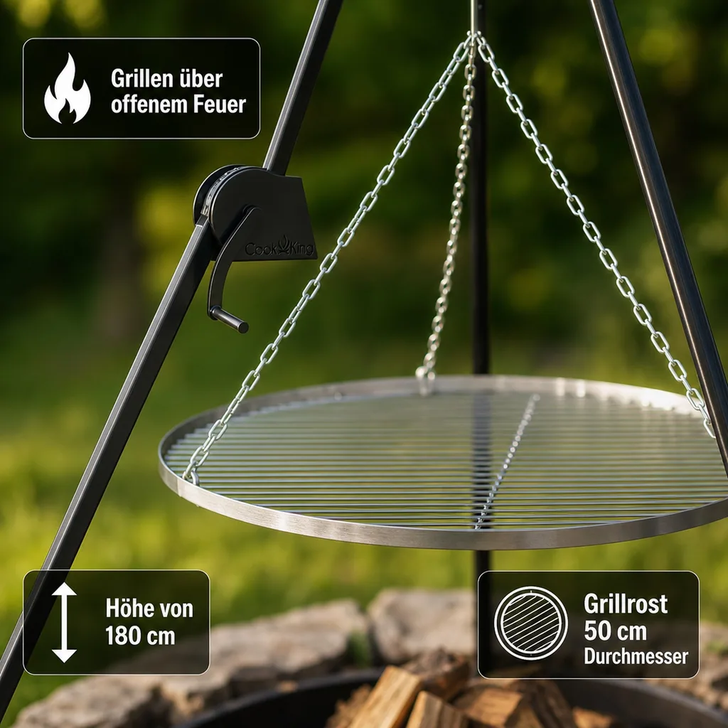 Schwenkgrill, Grill mit Dreibein, 180cm, Grillrost 50cm, Kurbel, Gartengrill