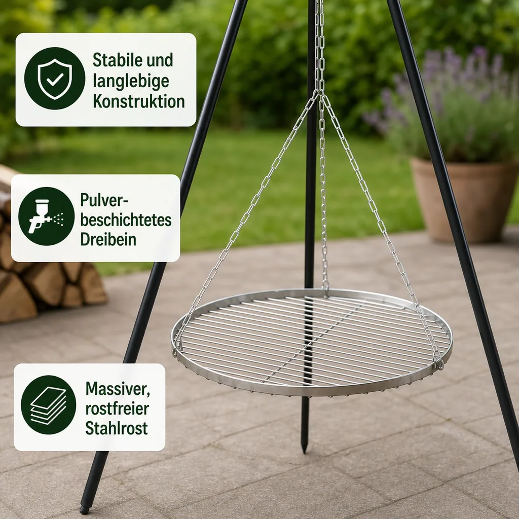 Schwenkgrill, Grill mit Dreibein, 180cm, Grillrost 50cm, Kurbel, Gartengrill