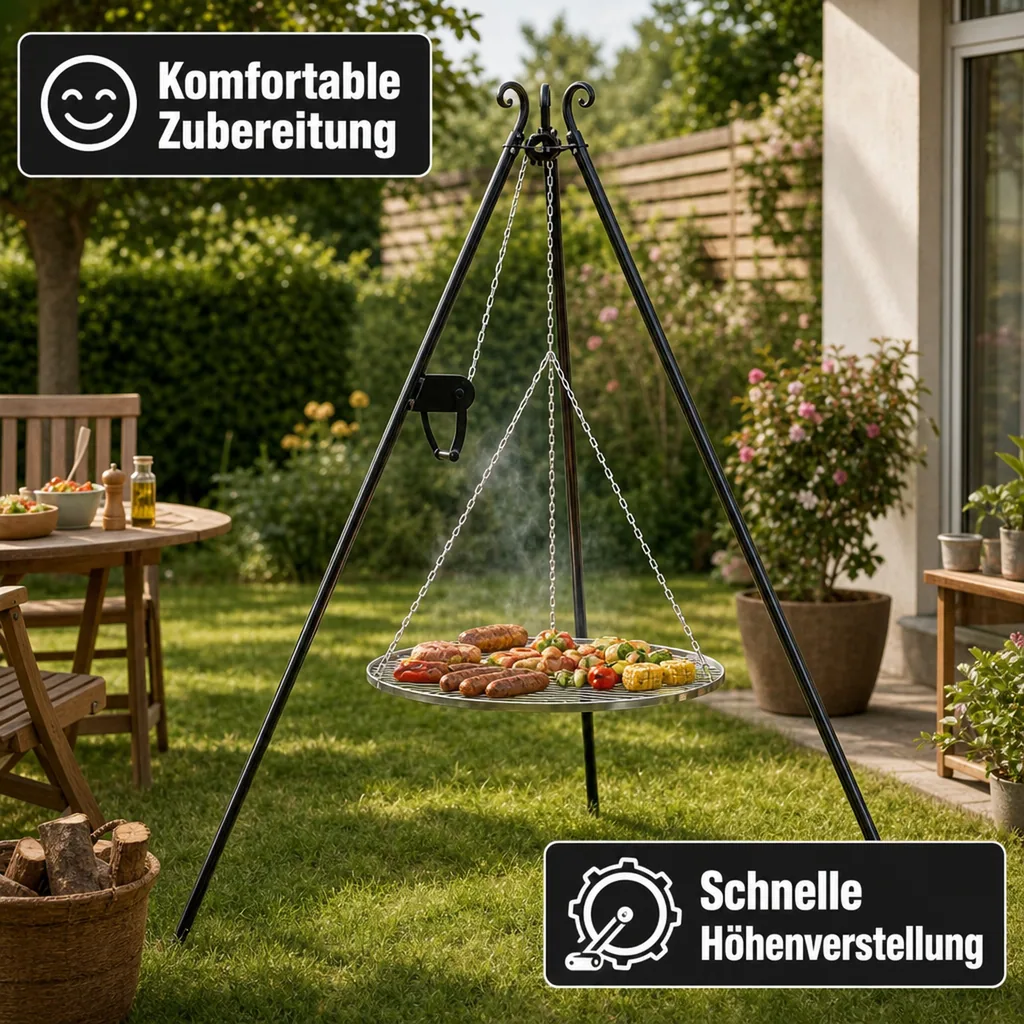 Schwenkgrill, Grill mit Dreibein, 180cm, Grillrost 50cm, Kurbel, Gartengrill
