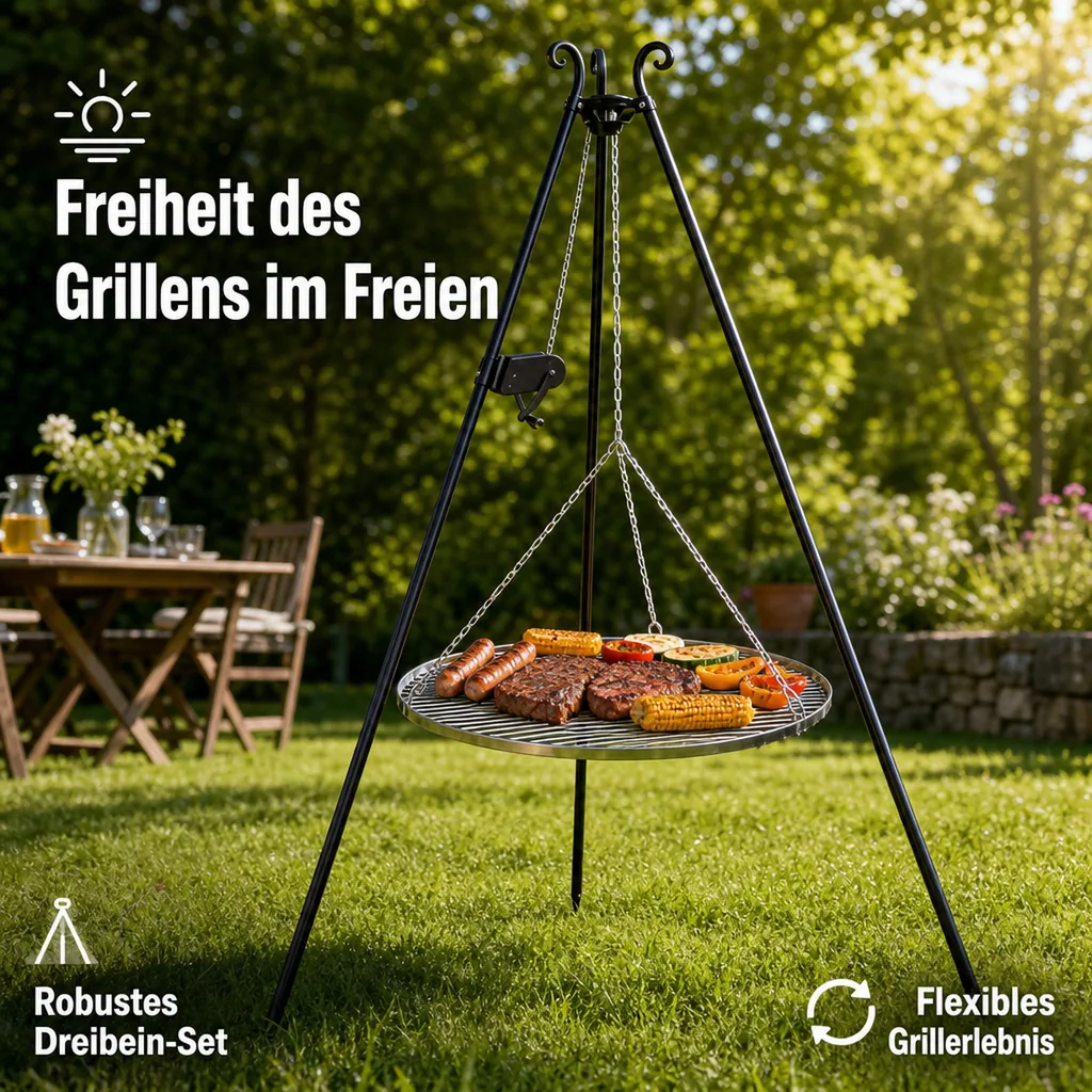 Schwenkgrill, Grill mit Dreibein, 180cm, Grillrost 50cm, Kurbel, Gartengrill