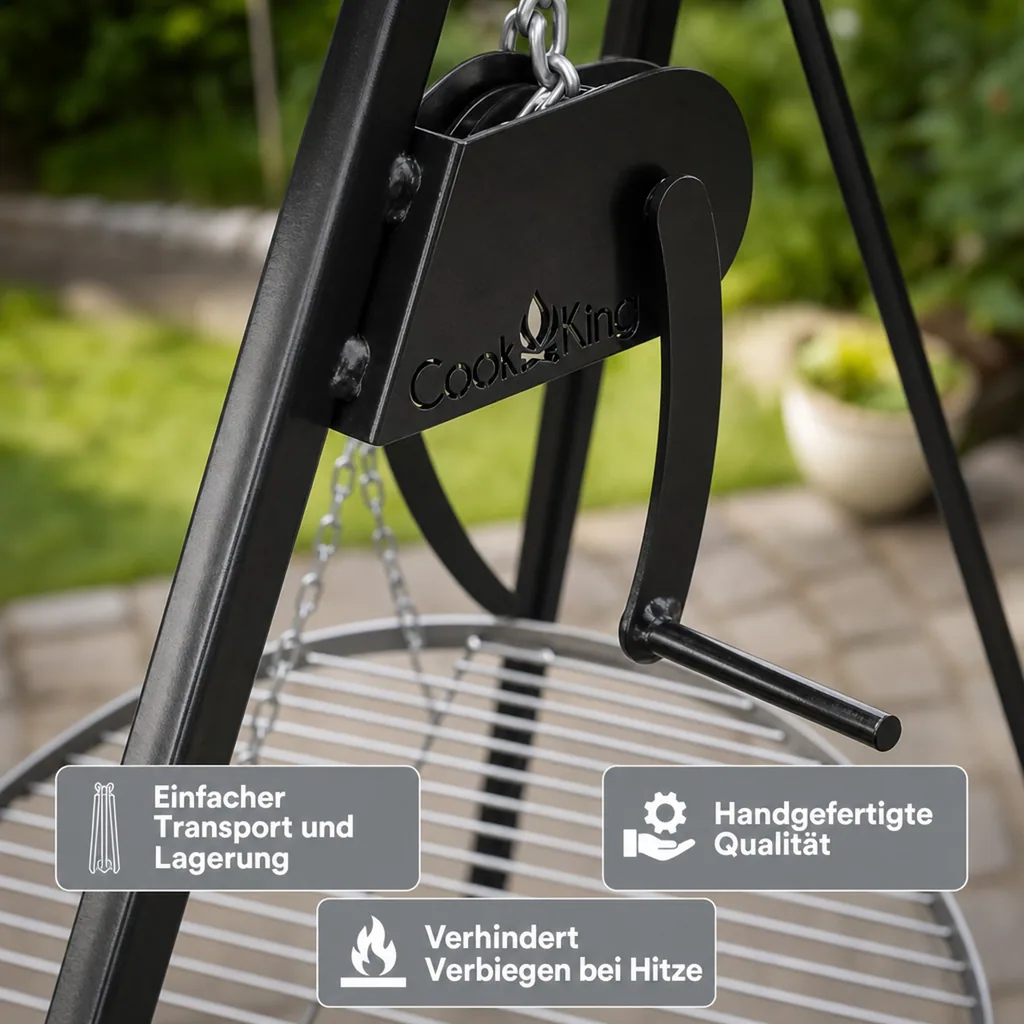 Schwenkgrill, Grill mit Dreibein, 180cm, Grillrost 50cm, Kurbel, Gartengrill