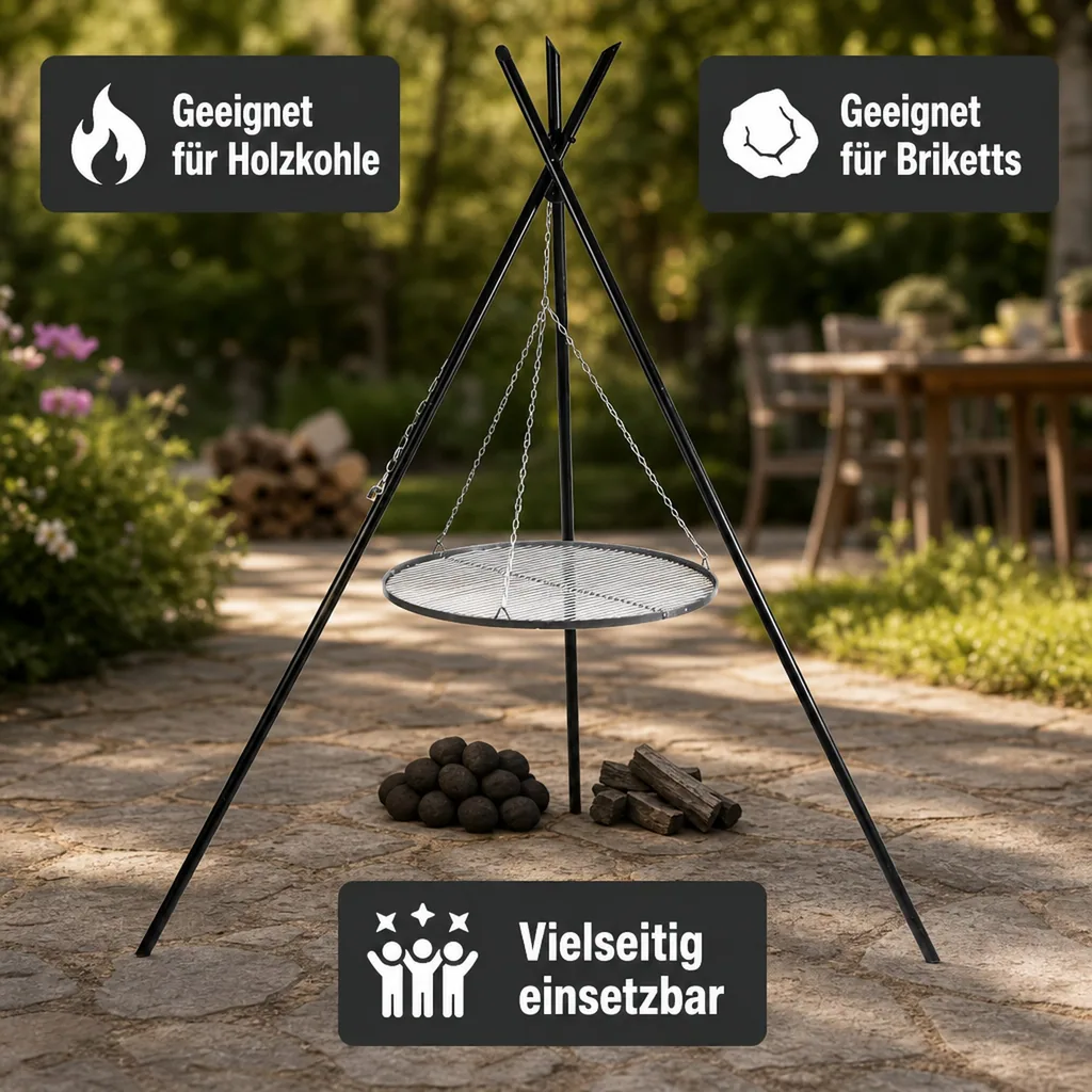 Schwenkgrill, Dreibein Grill 210 cm, Edelstahl Grillrost 60 cm, Gartengrill