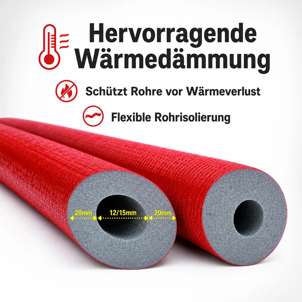 Rohrisolierung 15mm, Heizungsrohr Isolierung, Dämmung 20mm, 2m