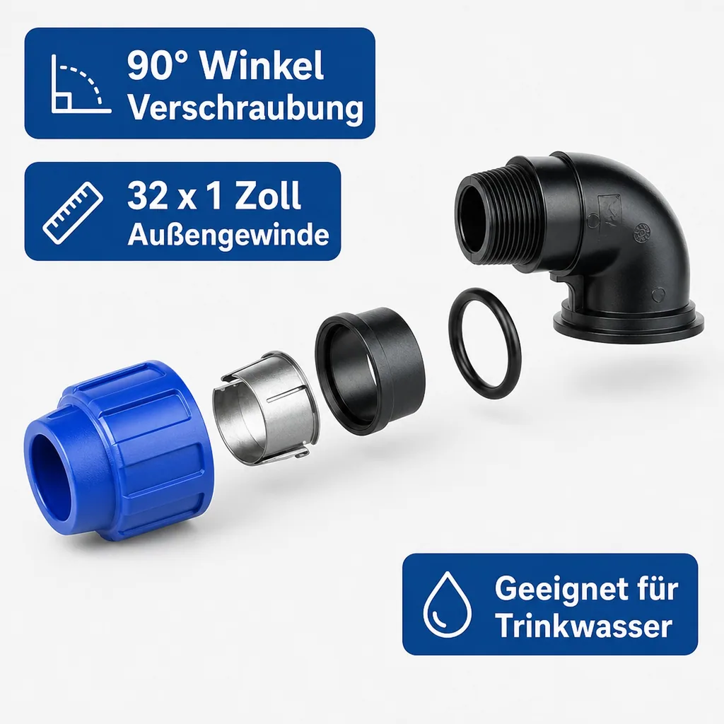 PP PE Rohr Verschraubung 90° Winkel 32 x 1" AG