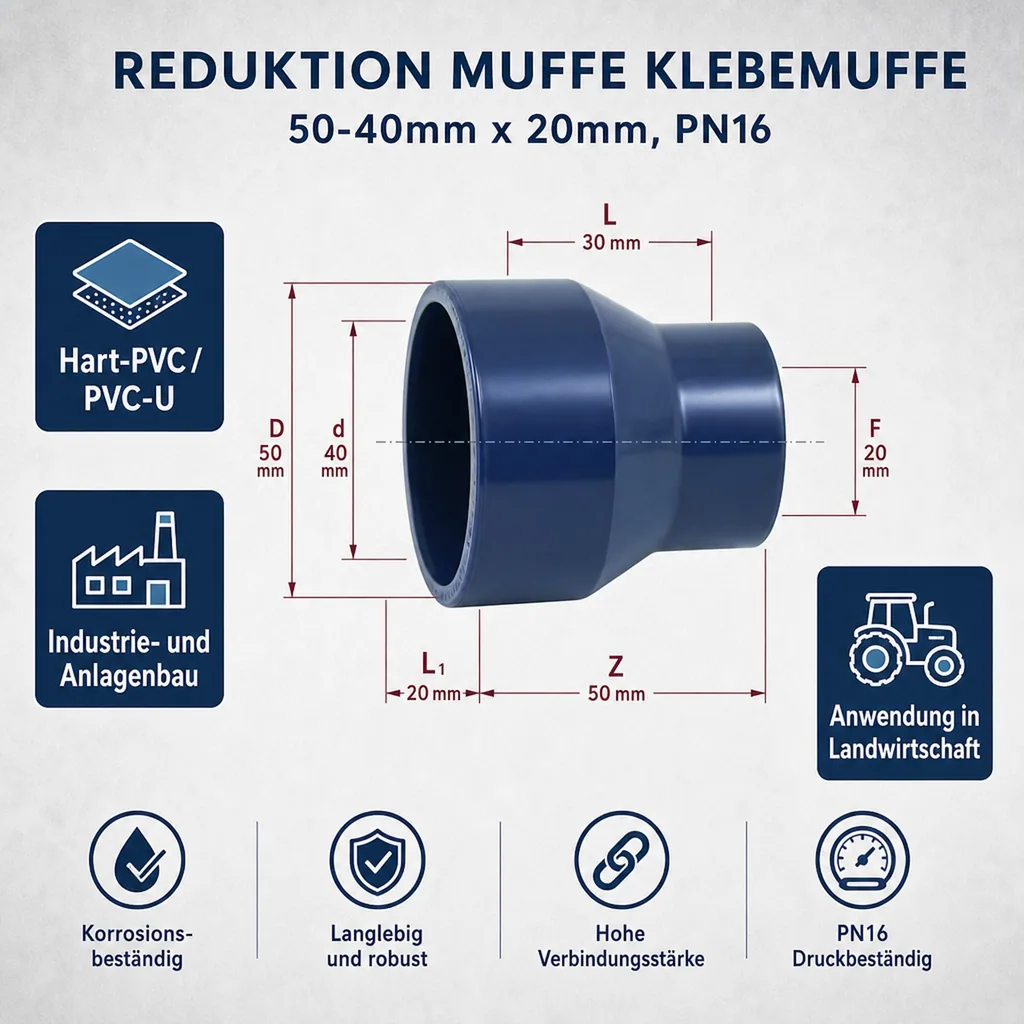 PVC - U Reduktion lang 50-40mm x 20 mm PN16