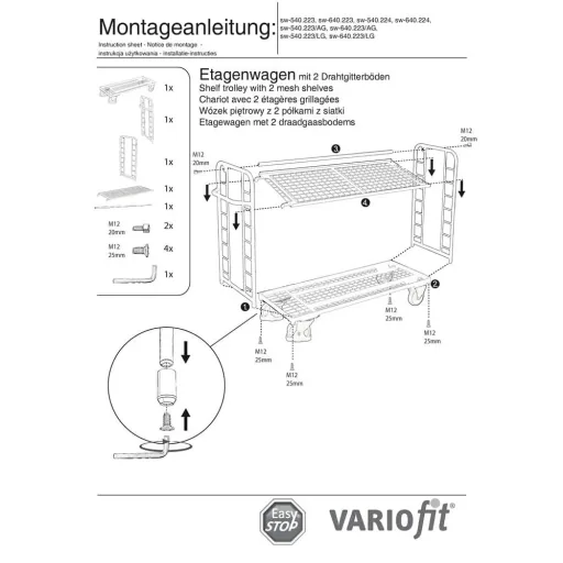 Etagenwagen, verzinkt, 2 Drahtgitterböden, 250 kg Traglast, EasySTOP