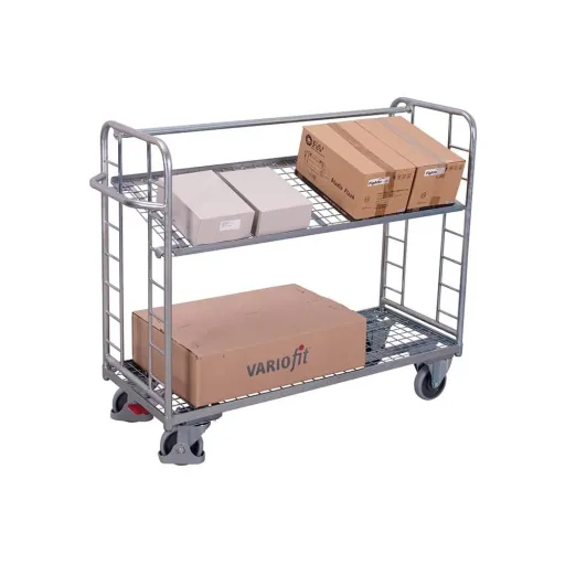 Etagenwagen, verzinkt, 2 Drahtgitterböden, 250 kg Traglast, EasySTOP