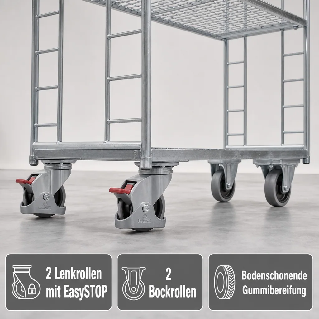 Etagenwagen, verzinkt, 2 Drahtgitterböden, 250 kg Traglast, EasySTOP