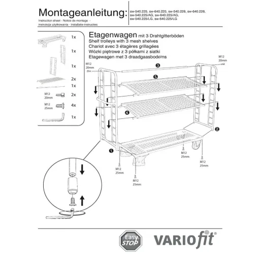 Etagenwagen mit 3 Drahtgitterböden pulverbeschichtet 250 kg Traglast Typ M + EasySTOP