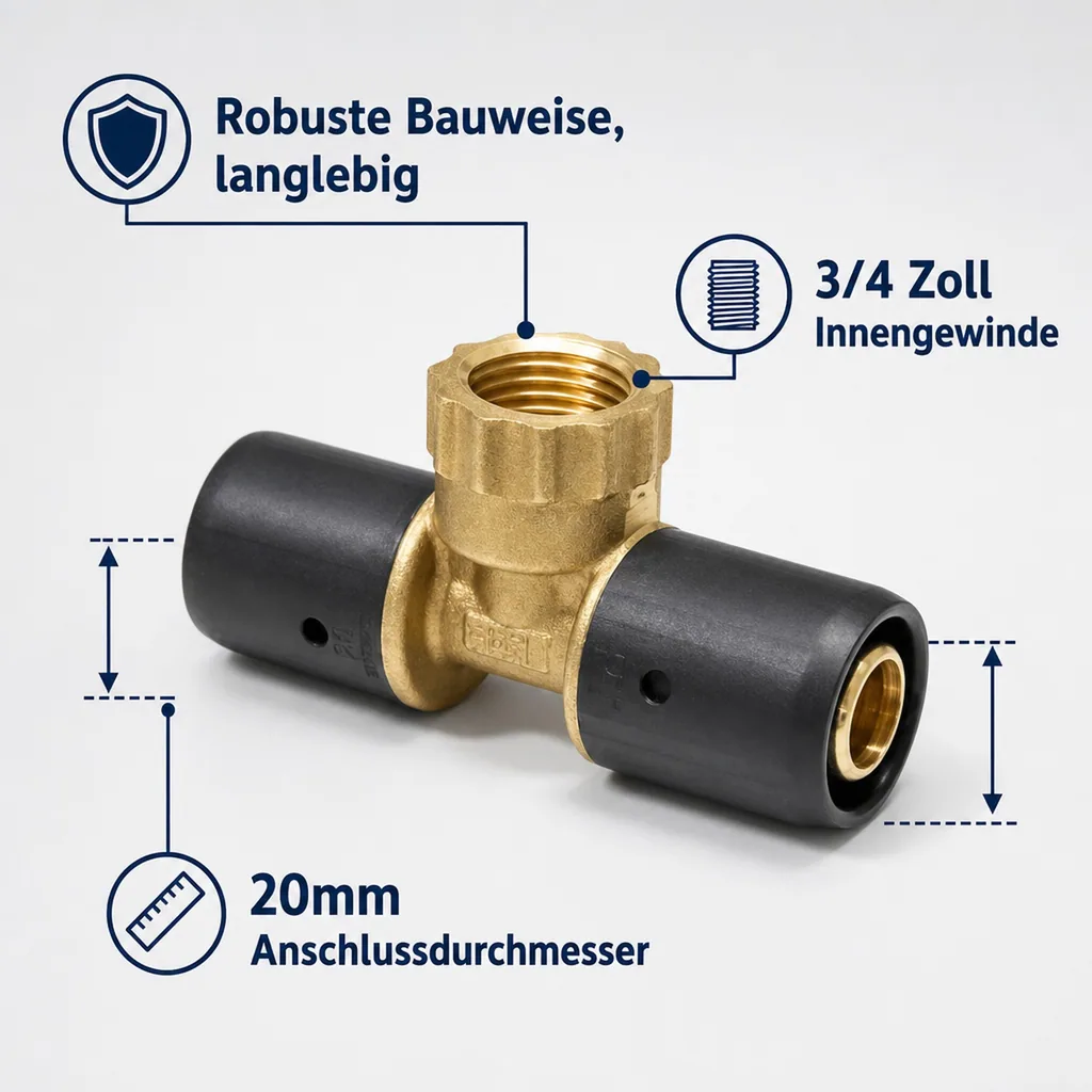 Steckfitting T-Stück, 20mm, 3/4 Zoll, Trinkwasser, Heizung
