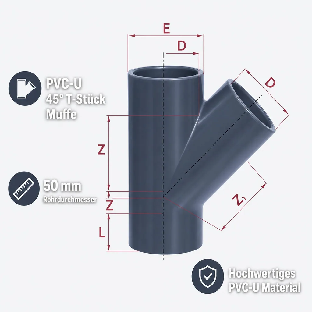 PVC-Verbinder, PVC-U 45° T-Stück Muffe 50 mm PN10, Rohrverbinder