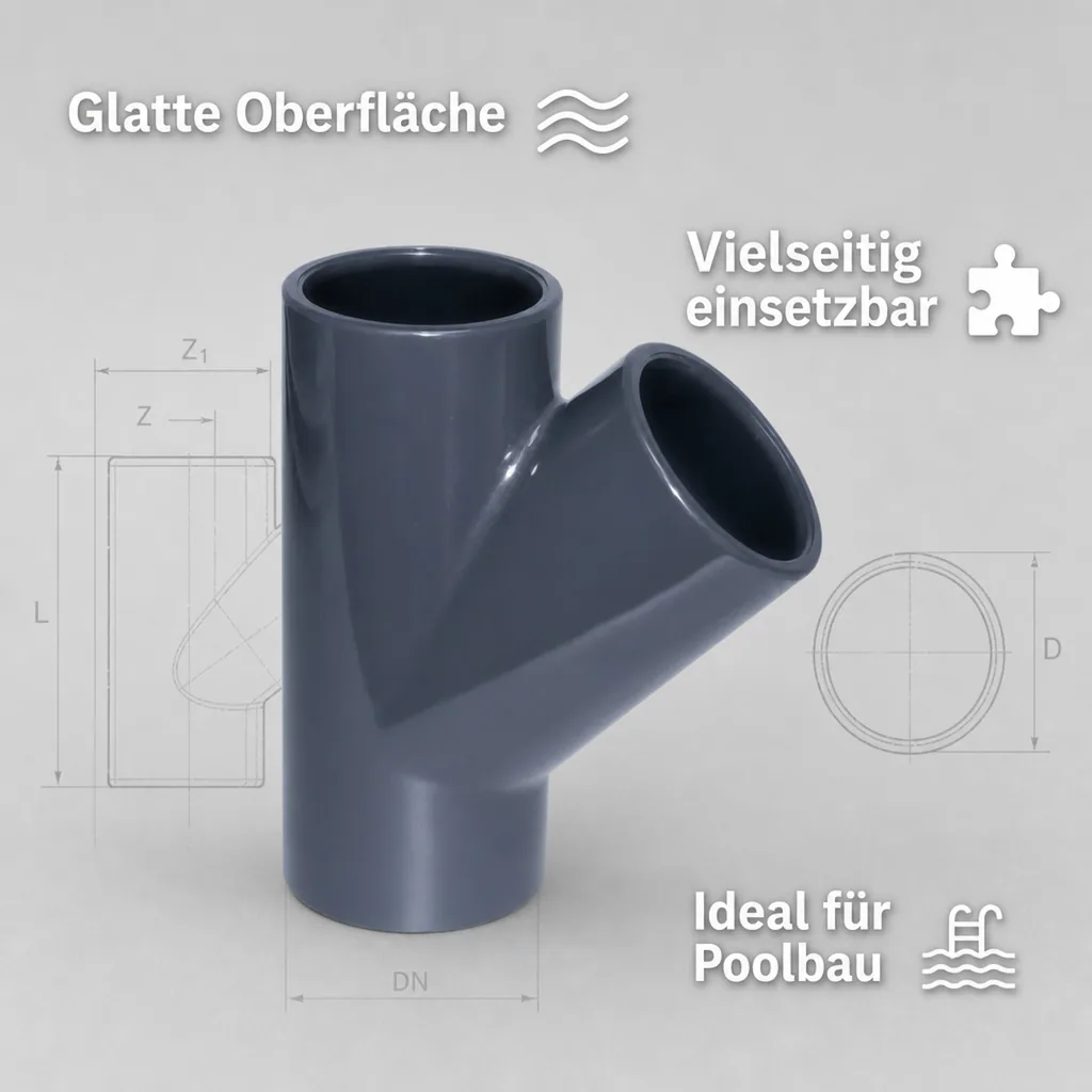 PVC-Verbinder, PVC-U 45° T-Stück Muffe 50 mm PN10, Rohrverbinder