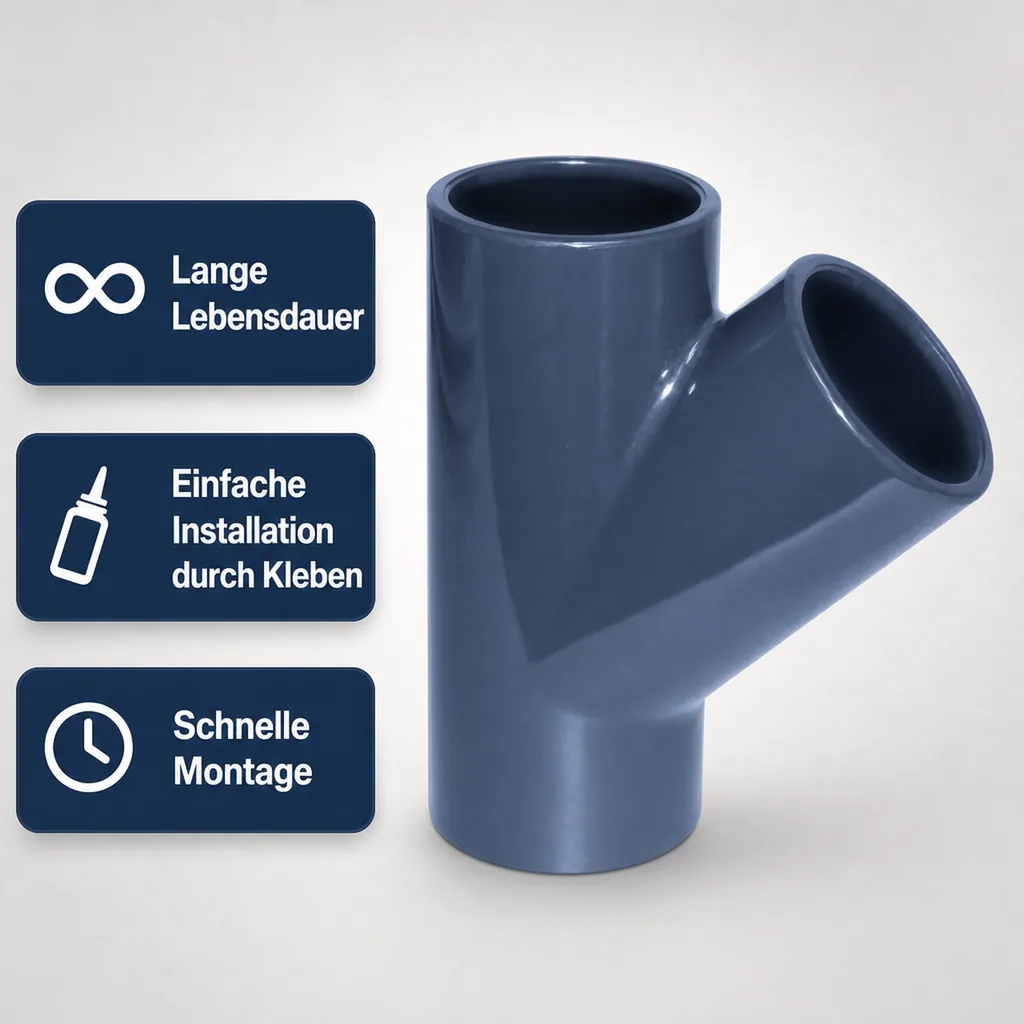 PVC-Verbinder, PVC-U 45° T-Stück Muffe 50 mm PN10, Rohrverbinder